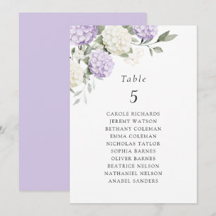 Carte de plan de table d'hortensia violet floral