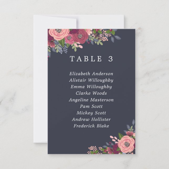 Carte de plan de table Fleurs Bourgogne et Blush (Devant)