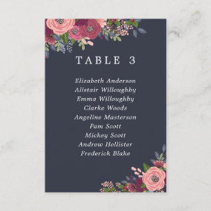 Carte de plan de table Fleurs Bourgogne et Blush