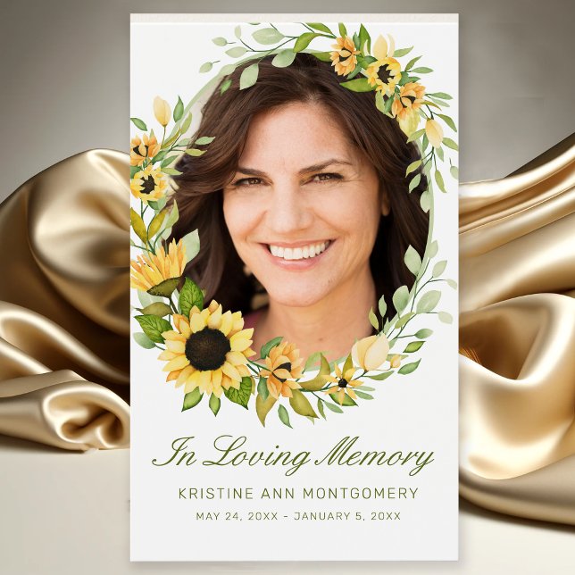 Carte de poème photo Sympathy Sunflower Green Scri (Modern Yellow Sunflower Floral Photo Memorial Funeral Card with Poem)