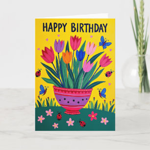 Carte de pot de fleurs d'anniversaire vibrante
