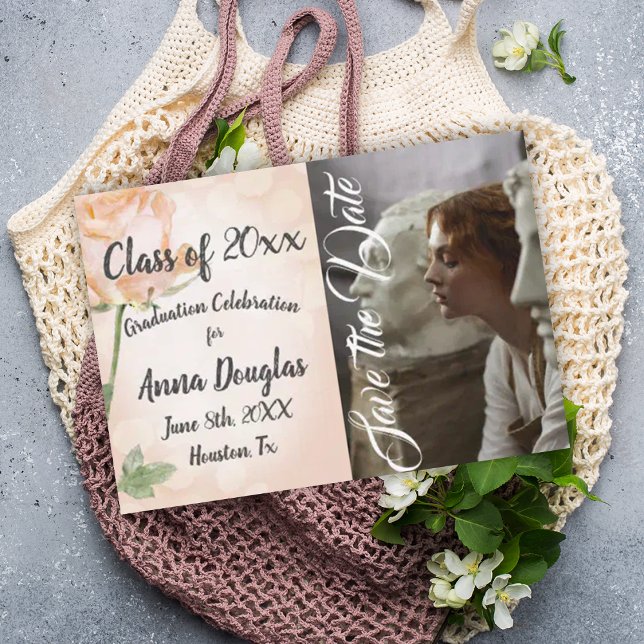 Carte de pré-réservation de remise de diplôme fleu (botanical peach photo graduation party invitation light pink dusty peach roses floral grad save date)