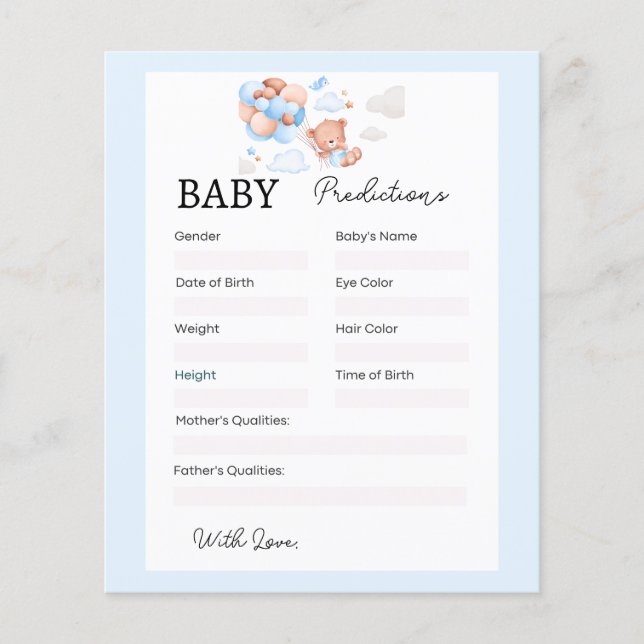 Carte de prédiction du Baby shower d'ours en peluc (Devant)