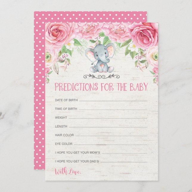 Carte de prédictions du jeu de Baby shower d'éléph (Devant / Derrière)