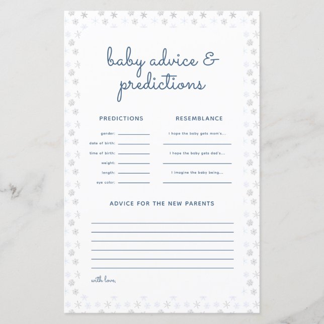 Carte de prédictions pour Baby Shower d'hiver Floc (Devant)