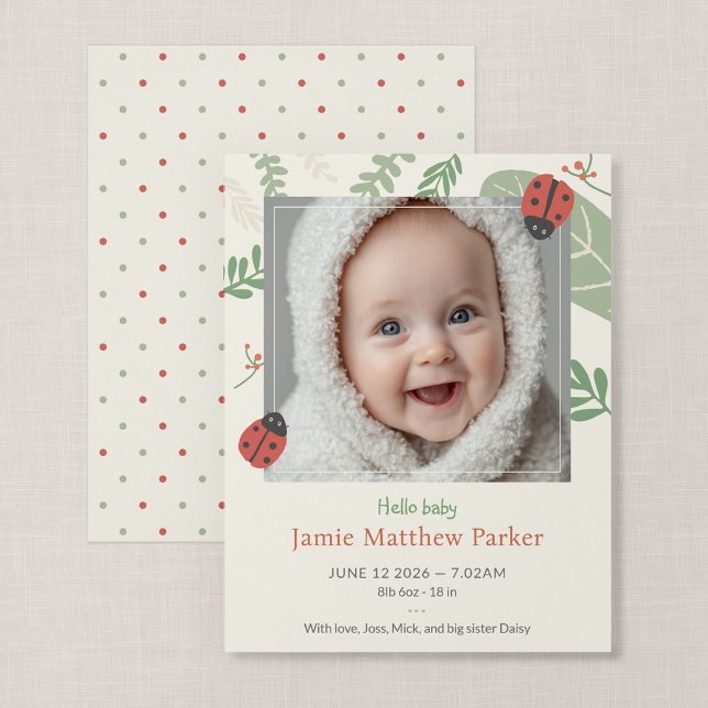 Carte de présentation de bébé compacte Ladybug New (Ladybird Meadow - Compact 4.25 x 5.5" Ladybug Baby Announcement)