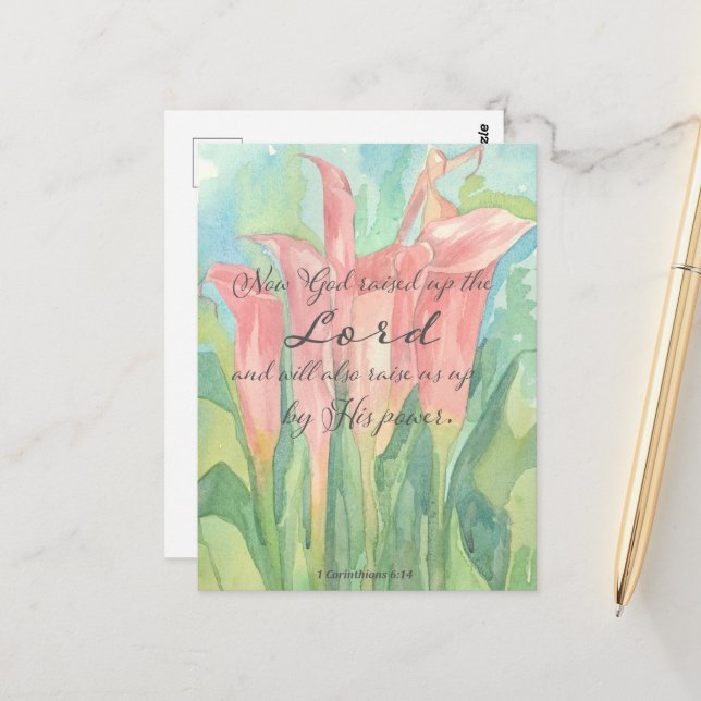 Carte de prière 1 Corinthians rose Calla Lily Fleu (Devant/Arrière en situation)