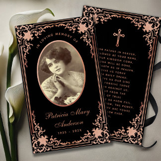 Carte de prière commémorative de script rose noir