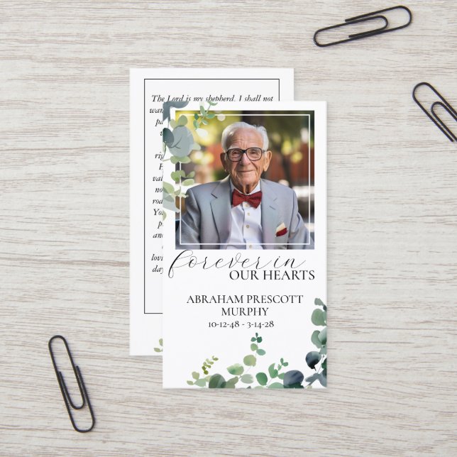 Carte de prière commémorative Eucalyptus (Devant/Arrière en situation)