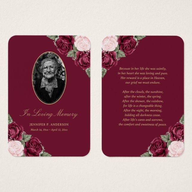 Carte de prière couleur rouge rose florale (Devant & derrière)