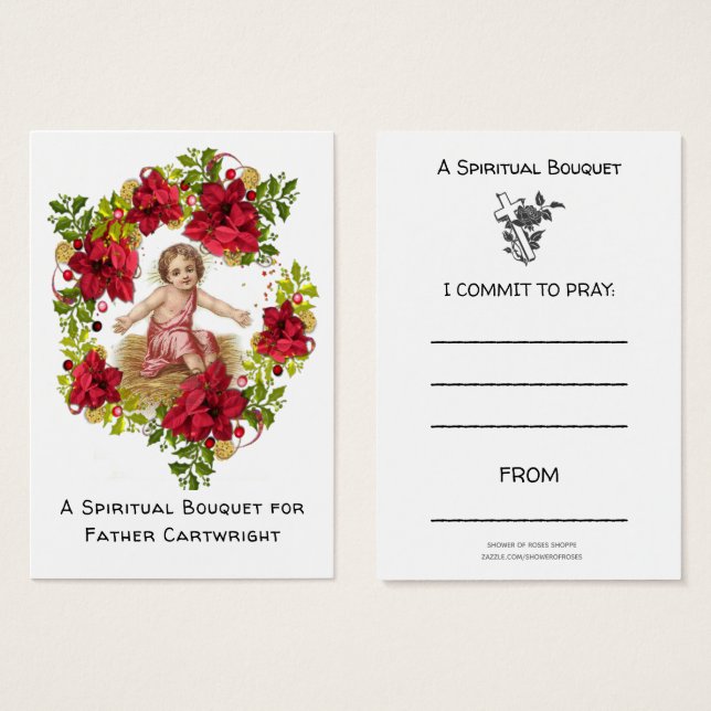 Carte de prière de bouquet spirituel de Noël pour  (Devant & derrière)