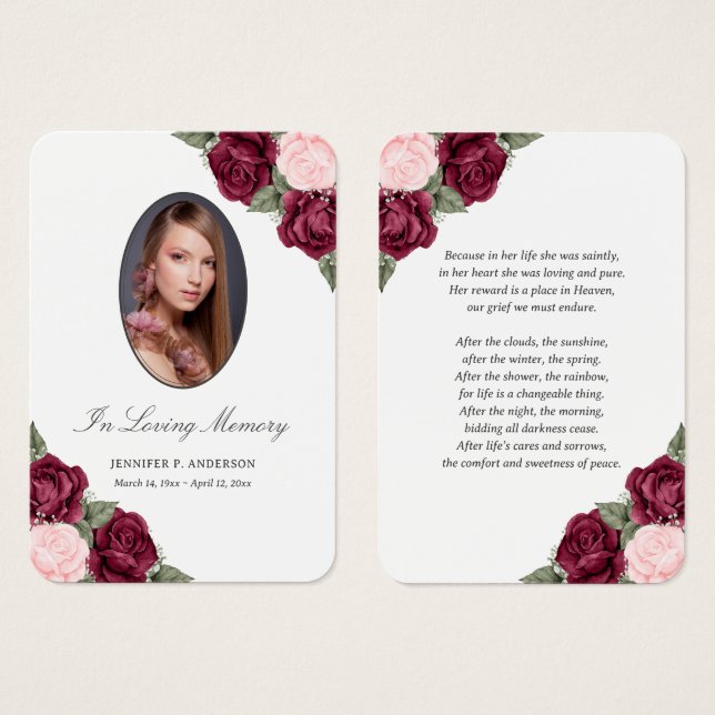 Carte de prière de fleurs rose rouge (Devant & derrière)