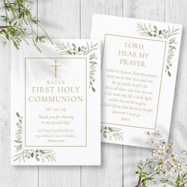 Carte de prière de la première sainte communion ve (Greenery First Holy Communion Prayer Card)