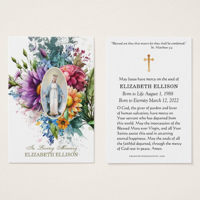 Carte de prière Florale Vierge Marie Florale (Devant & derrière)