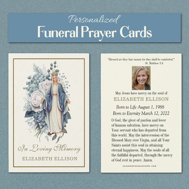 Carte de prière funéraire Blue Florgin Mary (Personalized Catholic Funeral Memorial Prayer Cards of the Blessed Virgin Mary, Our Lady of Grace)