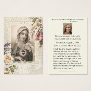 Carte de prière funéraire catholique Vierge floral