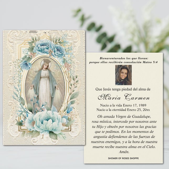 Carte de prière funéraire de la Vierge espagnole (Catholic Spanish Funeral Prayer Card with the Blessed Virgin Mary, Our Lady of Grace)