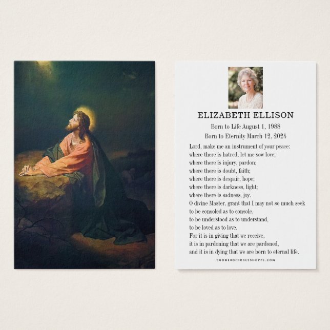 Carte de prière funéraire du Jardin Jésus de Geths (Devant & derrière)