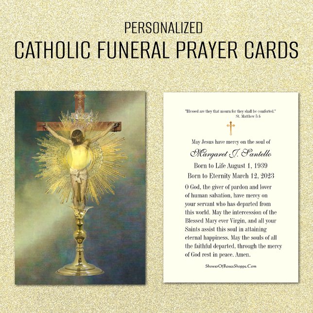 Carte de prière funéraire du Mémorial de Jésus cat (Traditional Catholic Funeral Memorial Prayer Card with Jesus Crucified on Cross)