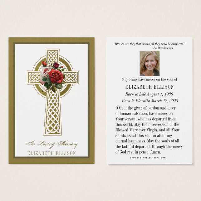 Carte de prière funéraire Gold Celtic Cross Rose (Devant & derrière)