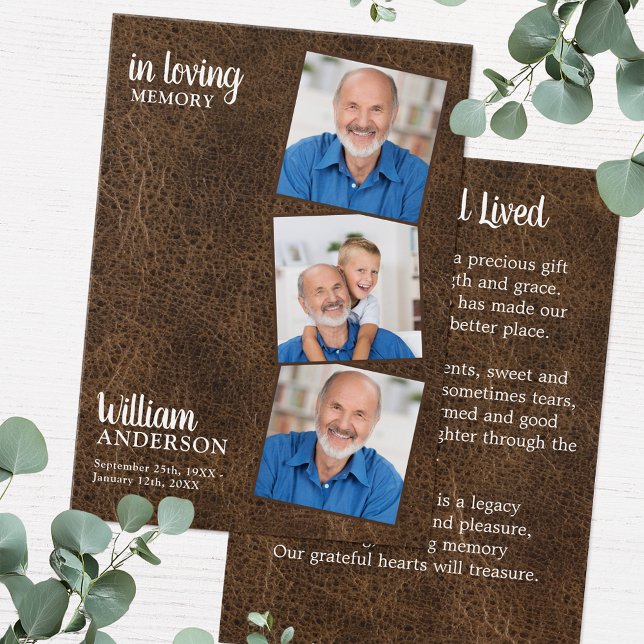 Carte de prière funéraire Memorial 3 Photo Leather (Créateur téléchargé)