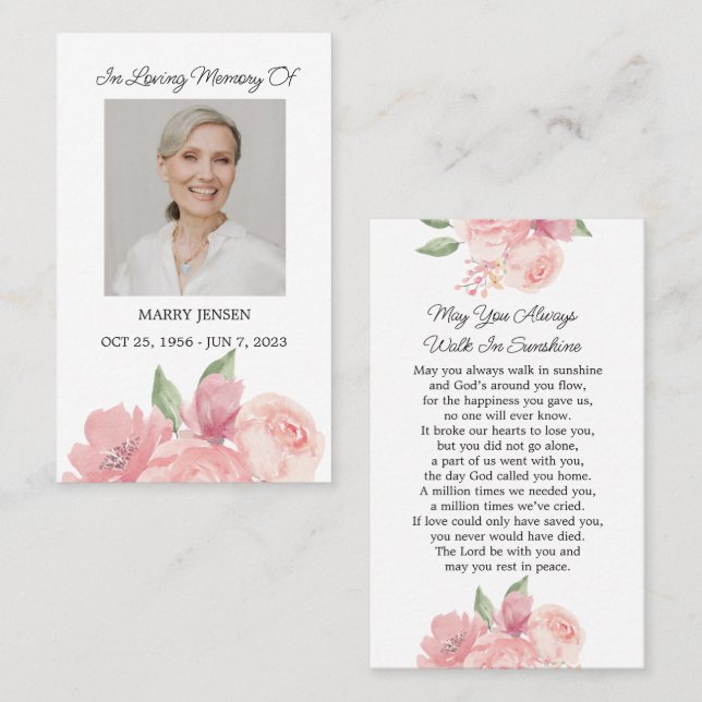 Carte de prière funéraire rose (Devant / Derrière)