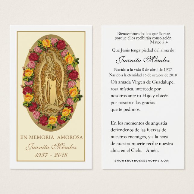Carte de prière funéraire Rose Vierge espagnole (Devant & derrière)