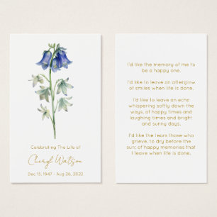 Carte de prière funéraire simple bleu clochette