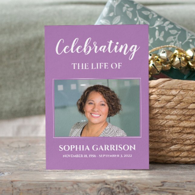 Carte de prière funéraire violet blanc avec photo (Créateur téléchargé)