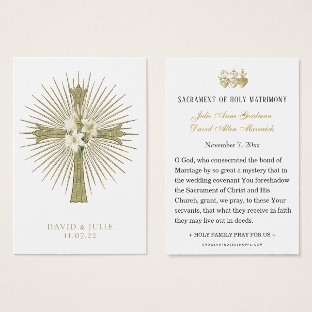 Carte de prière Mariage catholique avec croix et a (Devant & derrière)