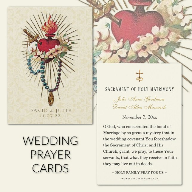 Carte de prière Mariage catholique Rosary Mary Hea (Traditional Catholic Vintage Wedding prayer cards with the Immaculate Heart of Mary)