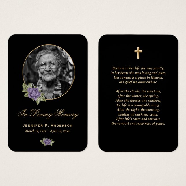Carte de prière noire violet or Floral (Devant & derrière)