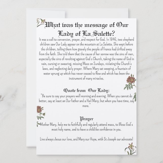 Carte de prière Notre-Dame de la Salette (Dos)