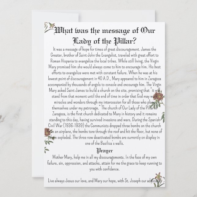 Carte de prière Notre-Dame du Pilier (Dos)