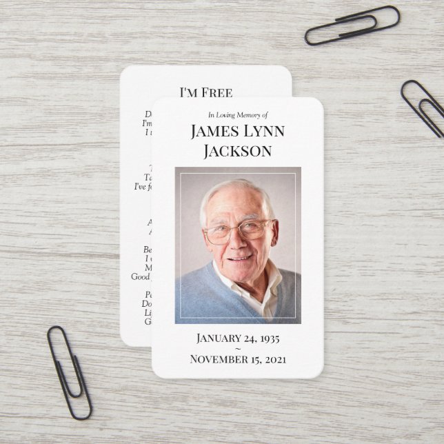Carte de prière photo commémorative - Je suis libr (Devant/Arrière en situation)