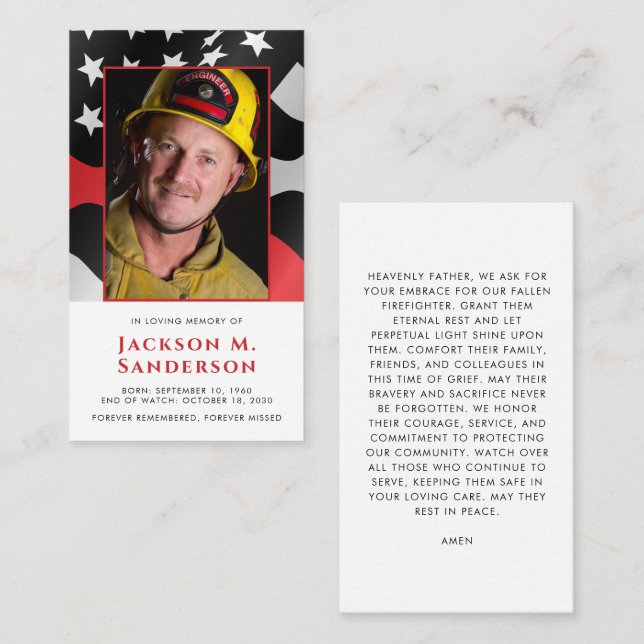 Carte de prière photo Memorial Red Line Firefighte (Devant / Derrière)