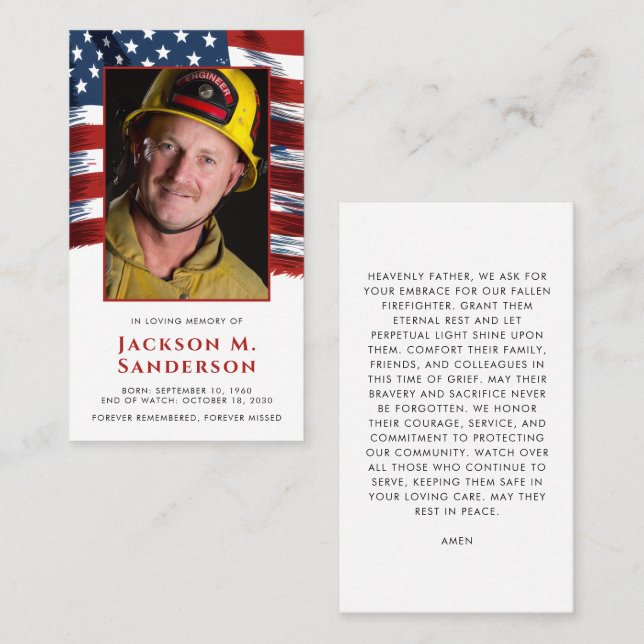 Carte de prière photo patriotique des pompiers fun (Devant / Derrière)