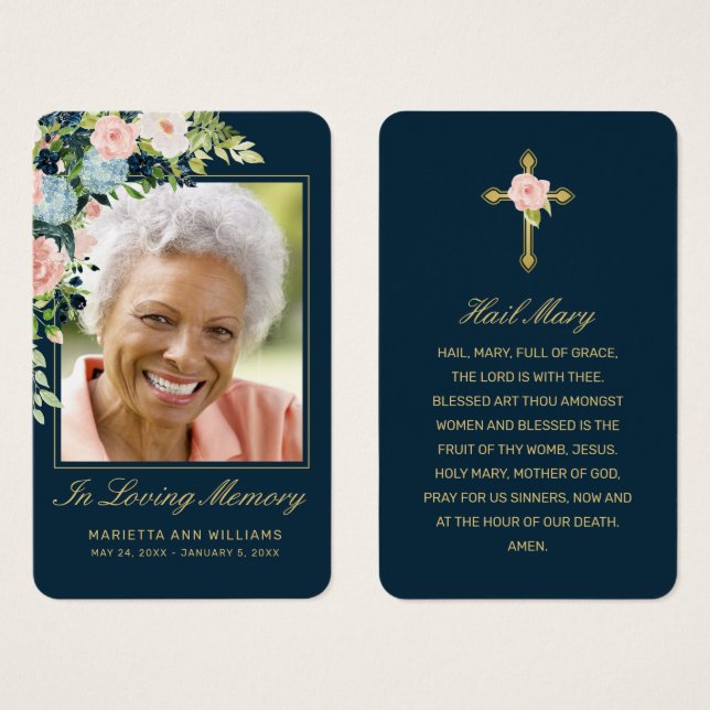 Carte de prière photo Pink Blue Floral Gold Script (Devant & derrière)