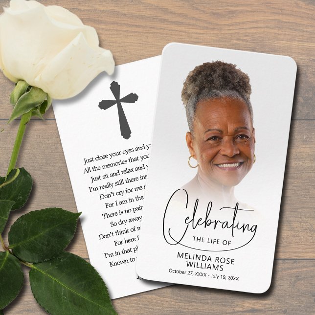 Carte de prière photo pour célébrer la vie (Celebration of Life photo prayer card bookmark with a cross and poem on the back (can be changed))