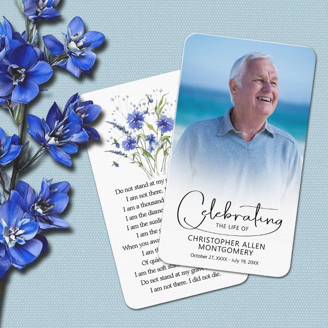 Carte de prière photo pour célébrer la vie (Celebration of life photo prayer cards, blue flowers on the back with a poem or prayer 3.5" x 2")