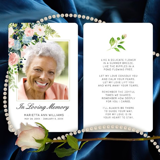 Carte de prière photo Rose bleu rose Sympathy Flor (In Loving Memory Pink Blue Watercolor Floral Photo Poem Card)
