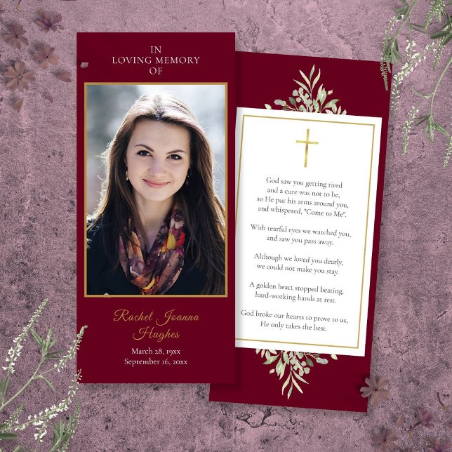 Carte de prière pour les funérailles (Funeral Memorial Photo Greenery Prayer Card)