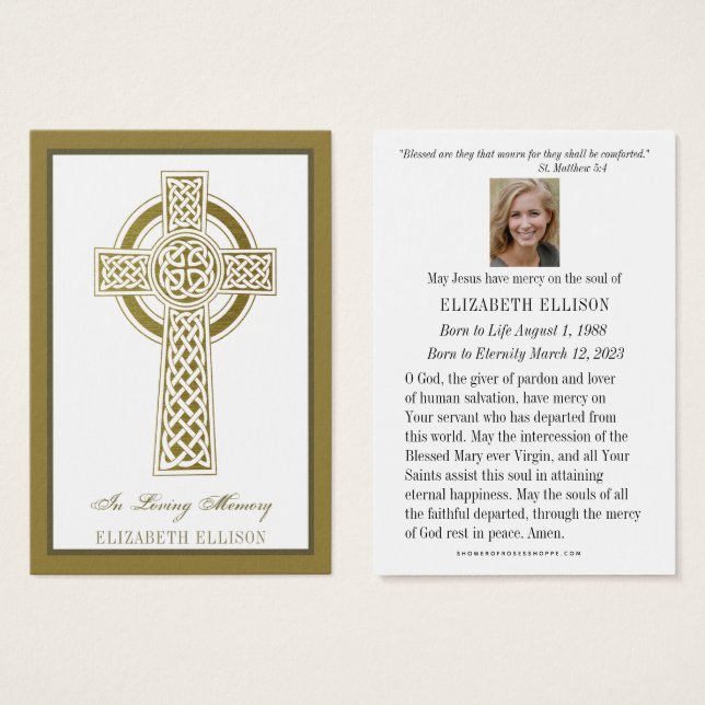 Carte de prière religieuse Gold Celtic Cross Funer (Devant & derrière)