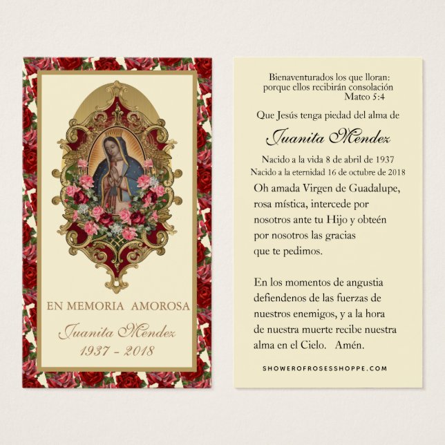 Carte de prière religieuse Rose Vierge espagnole (Devant & derrière)