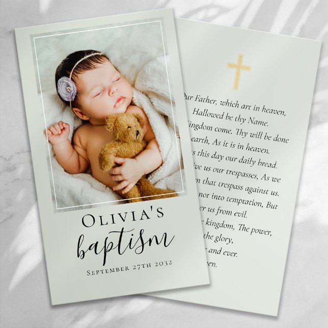Carte de prière Sage Green Baptism Photo Keepsaké (Créateur téléchargé)
