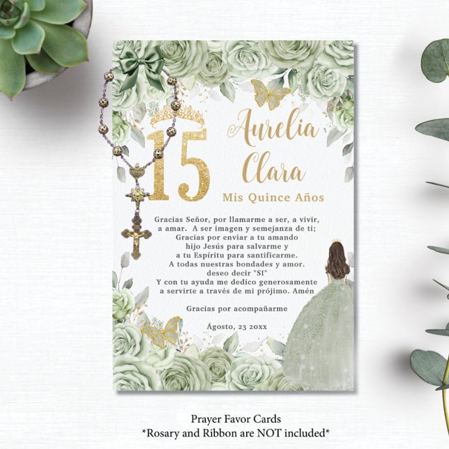 Carte de prière Sage Green Floral Gold Quinceañera (Créateur téléchargé)