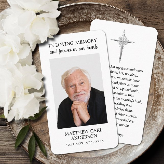 Carte de prière simple commémorative de la photo (Simple funeral memorial photo prayer cards with a cross and poem on the back (can be changed))