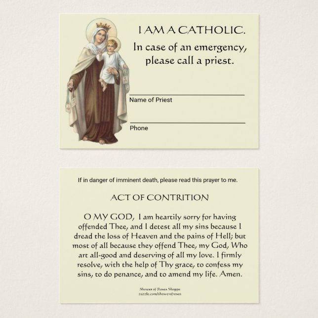 Carte de prière traditionnelle catholique d'urgenc (Devant & derrière)