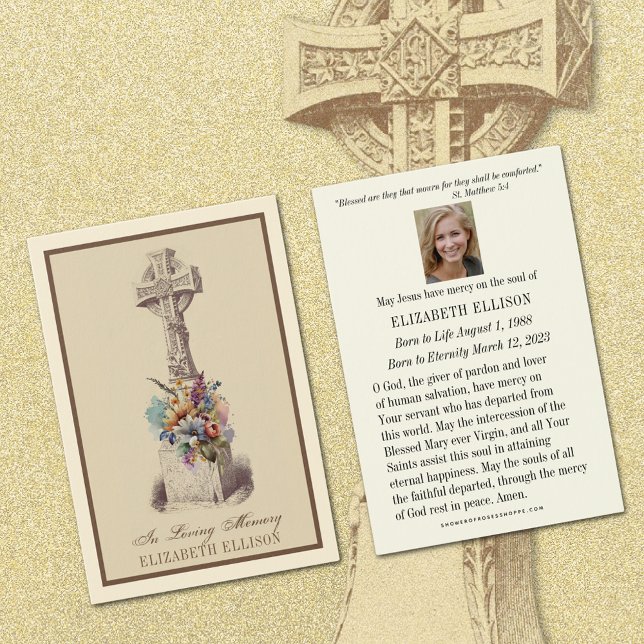 Carte de prières funéraires florales de Croix celt (Celtic Floral Cross Catholic Funeral Prayer Cards)