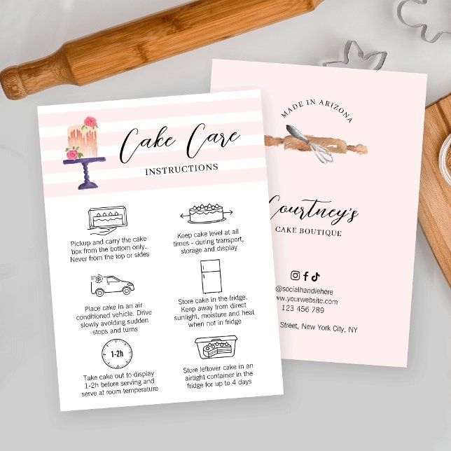 Carte de prise en charge de gâteau pour femme Blus (Elegant cake care instructions cards with bakery watercolor art & cake care icons)